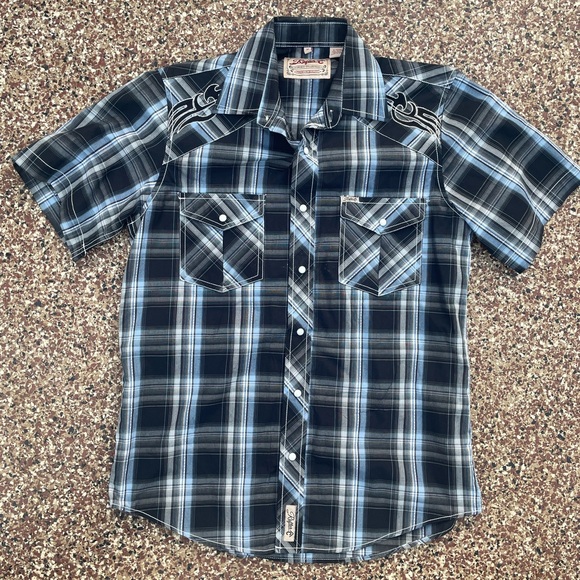 Casual Men's Black and Blue Plaid Shirt - Picture 1 of 4